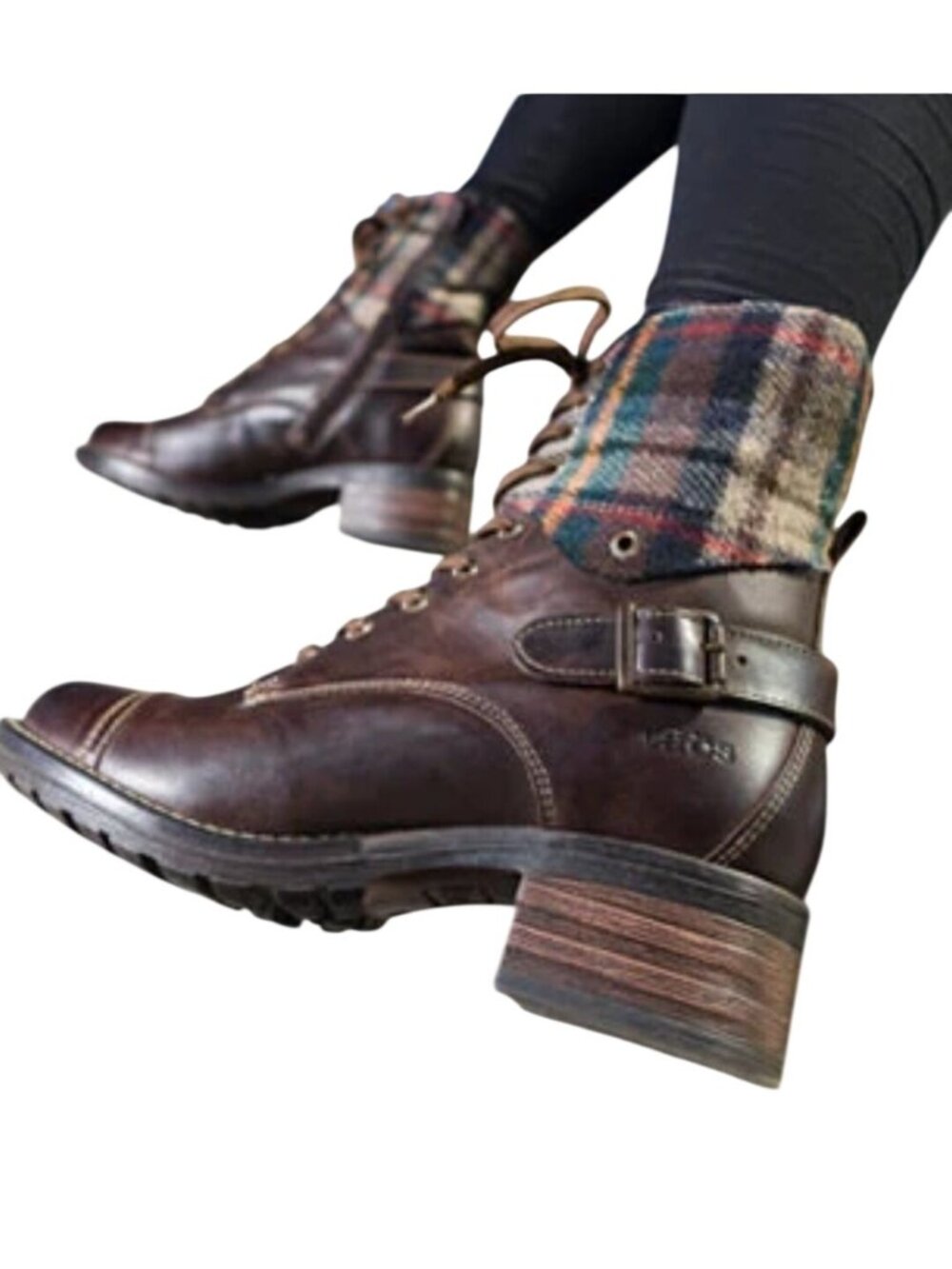Taos Crave Chocolate Plaid Boot Lace Up Leather Flannel Quality Size 41/10-10.5